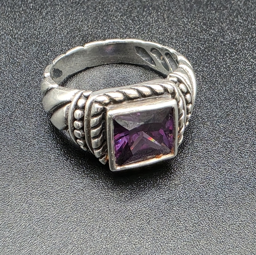 Sterling Silver Ring with Purple Square Gemstone Sz 8